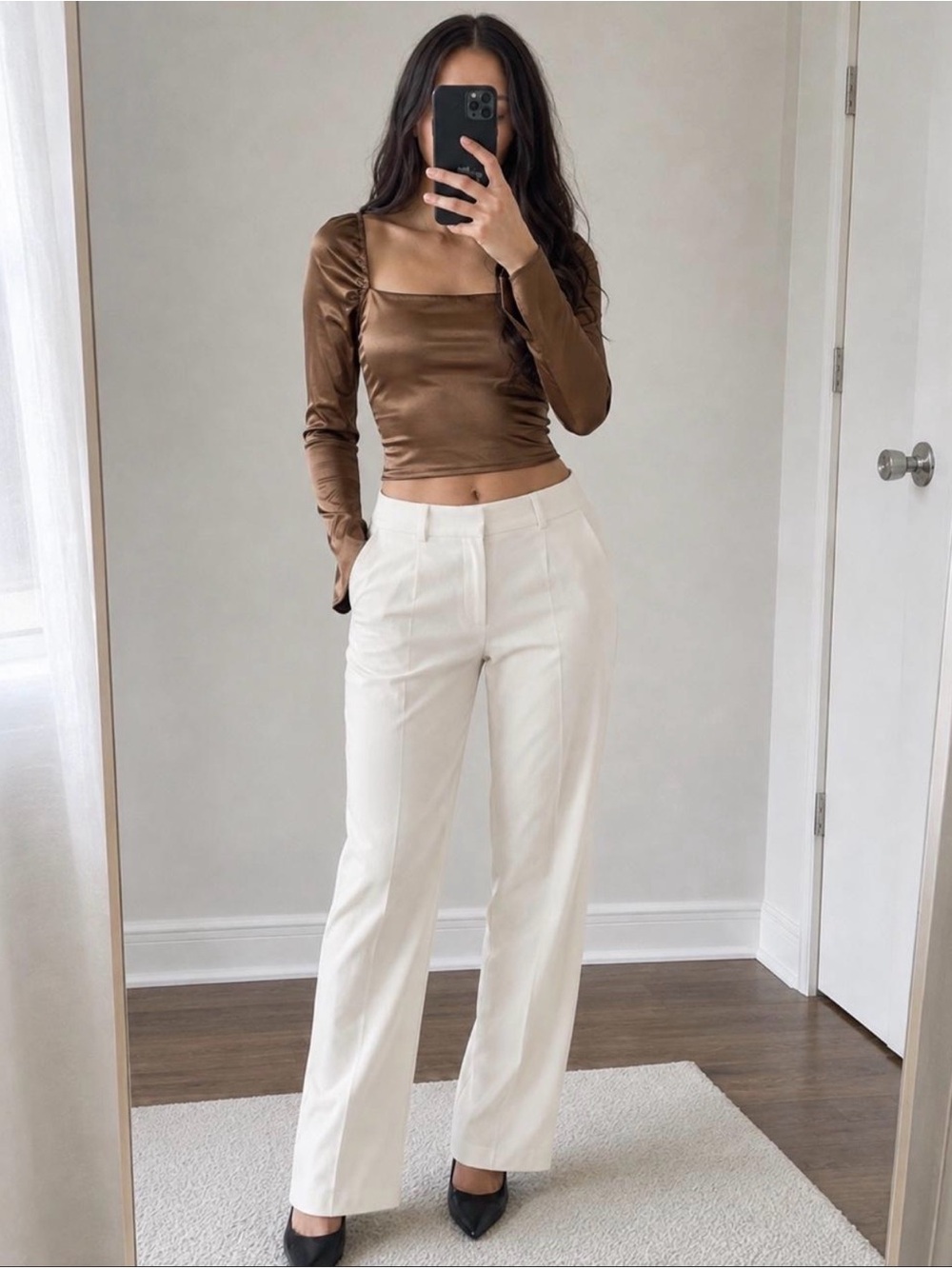 Princess Polly Bronze Satin Long-Sleeve Square Neck Crop Top